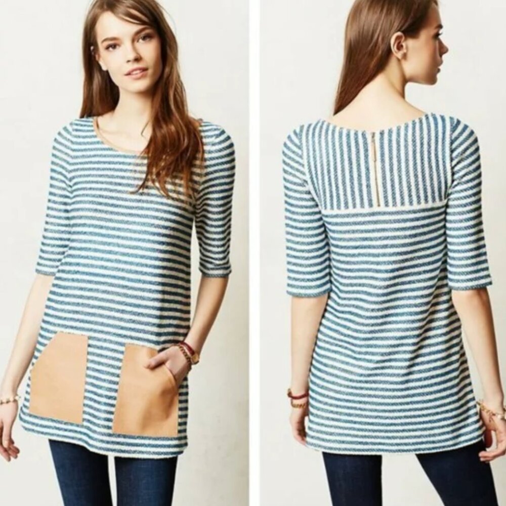 Anthro Postmark Sapony Blue White Striped Faux Leather Pocket Tunic Dres…
